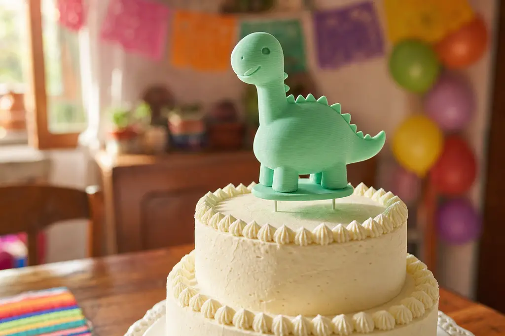 Pastel de dos pisos con betún blanco coronado por un topper impreso en 3D: un dinosaurio de color verde menta, de un solo color, con las líneas de impresión visibles, montado sobre una base delgada con dos varillas clavadas en el betún. Al fondo, papel picado y globos desenfocados.