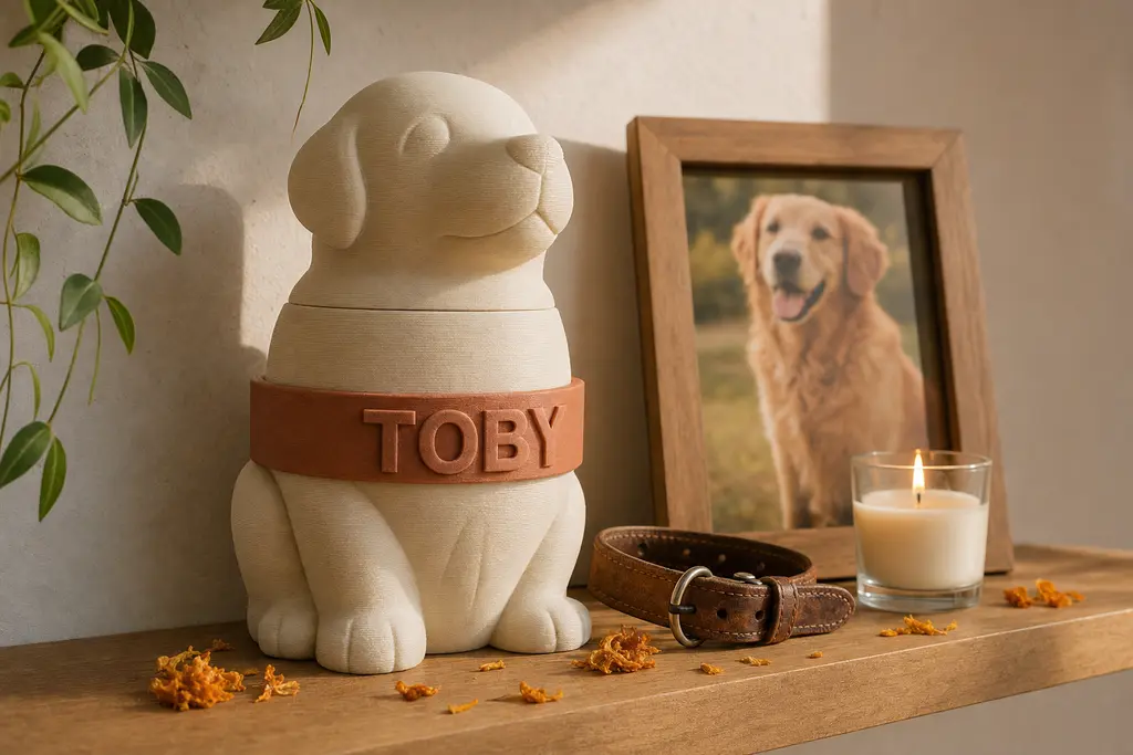 Urna impresa en 3D con forma de perro sentado, en color hueso, con un collar en relieve color terracota que dice TOBY, sobre una repisa de madera junto a la foto enmarcada de un golden retriever, su collar de piel y una veladora encendida.