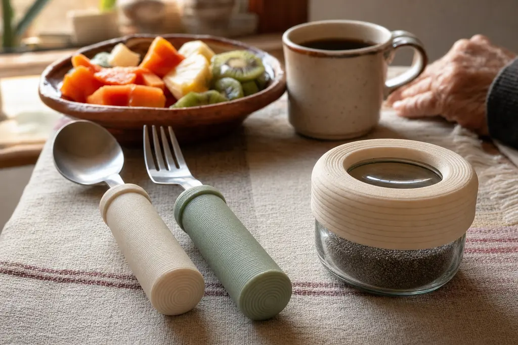 Cuchara y tenedor con fundas de mango engrosadas impresas en 3D sobre una mesa de cocina mexicana, junto a un aro engrosado puesto en la tapa de un frasco y un plato de barro con fruta