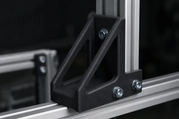 Escuadra estructural impresa en PETG con fibra de carbono atornillada a perfil de aluminio