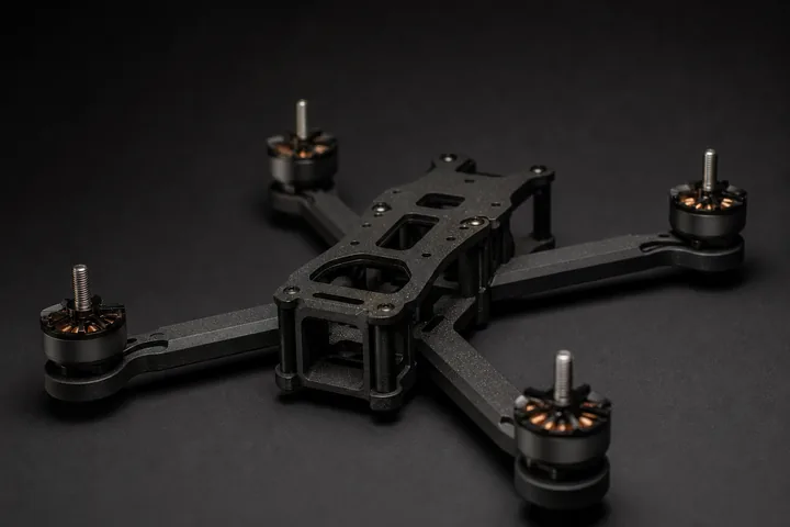 Frame de dron impreso en PLA con fibra de carbono con acabado mate y motores montados